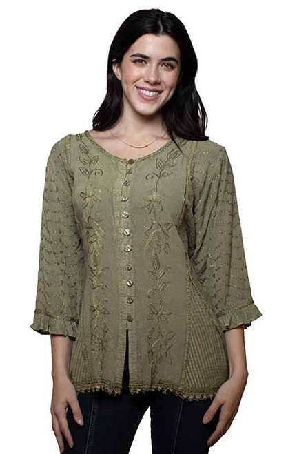 Scully Women's Shirt - Honey Creek Collection - 3/4 Sleeve / Tie Back - Olive