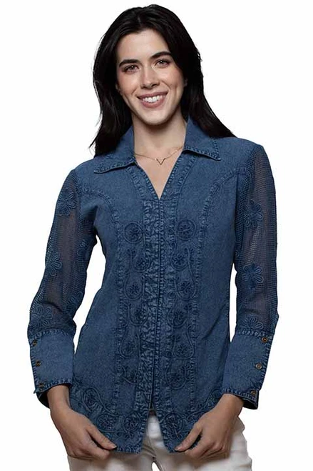 Scully Women's Top - Cantina Collection - Peruvian Cotton - Embroidered / Mesh Sleeves - Dark Blue