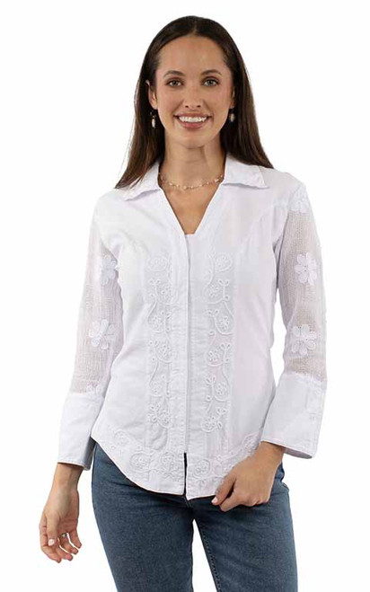 Scully Women's Top - Cantina Collection - Peruvian Cotton - Embroidered / Mesh Sleeves - White