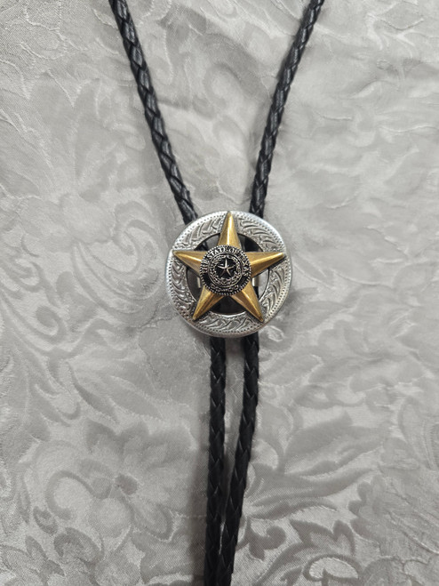 Billy's Western Wear Accessories - Bolo Tie - Circle W/ Gold 3D Star W/ State Of Texas