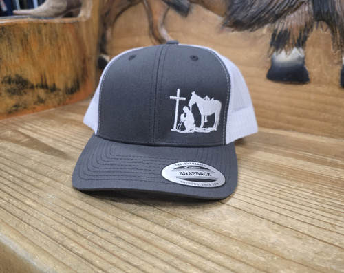Dally Up Caps - Dally # 161 - Heather / White - Cowboy At The Cross - White Embroidered