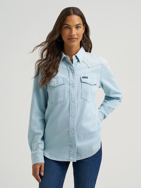 Wrangler Women's Shirt - Western Snap - Bleached Denim