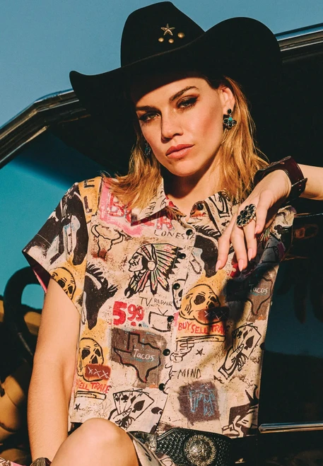 Double D Ranch Women's  - Cowboy Graffiti Top - Print