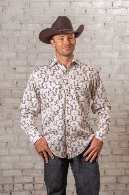 Rockmount Ranch Wear Men's Shirt - Navy Horseshoe Print - Natural