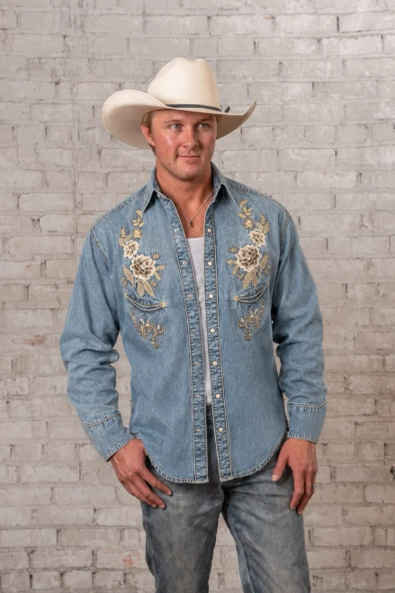 Rockmount Ranch Wear Men's Shirt - Floral Embroidered - Denim / Tan