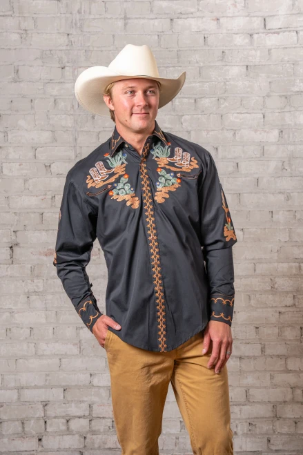 Rockmount Ranch Wear Men's Shirt - Cactus & Cowboy Boots Embroidered - Black