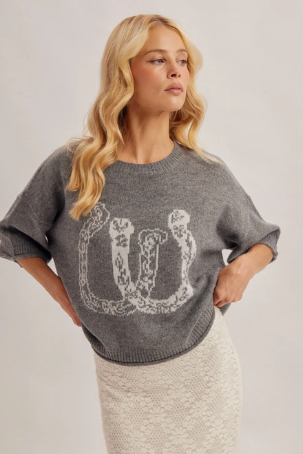 Hem & Thread Women's Shirt - Horse Shoe Jaquard Sweater - Grey