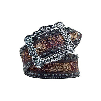 Double J Saddlery Tooled Leather Western Belt with Engraved Silver Buckle B964 - Roan Hair Studded Tooled Belt - Double J Saddlery main image 3