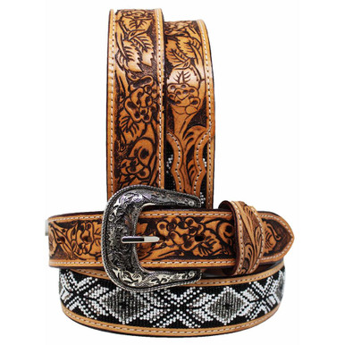 Challenger Accessories - Floral Tooled & Beaded Leather Belt