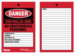 T159 Danger Controlled Zone Tags 4"x6"- Wires Not Included