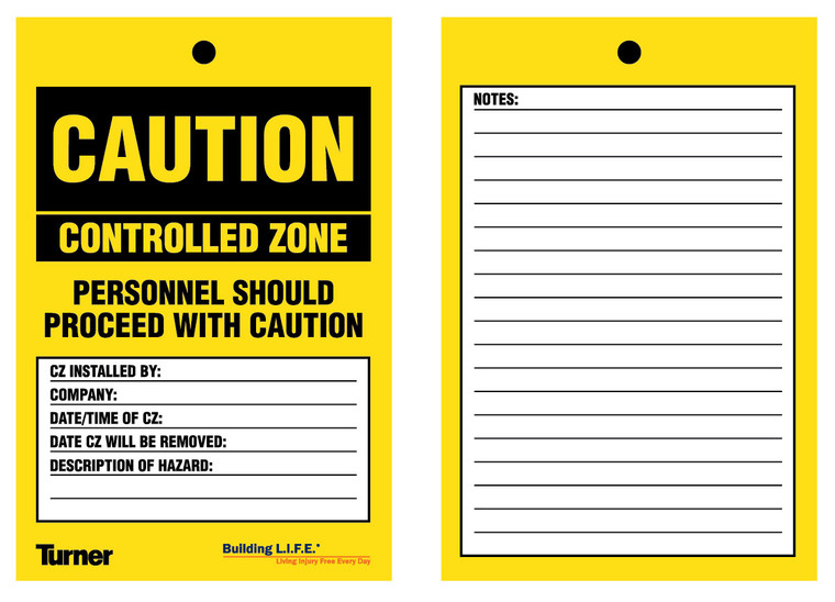 T156 Caution Controlled Zone Tags 4"x6" - Wires Not Included