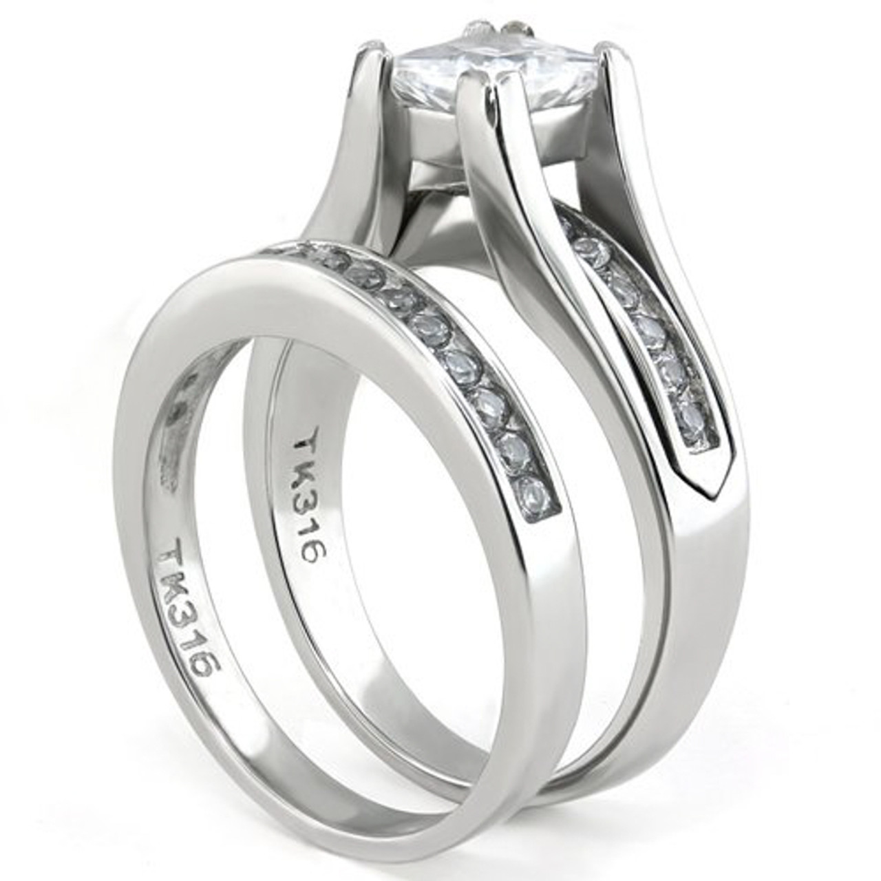 STW383-ARM2462 Her & His 3pc Wedding Engagement Ring & Classic Men\'s Band  Stainless Steel Set