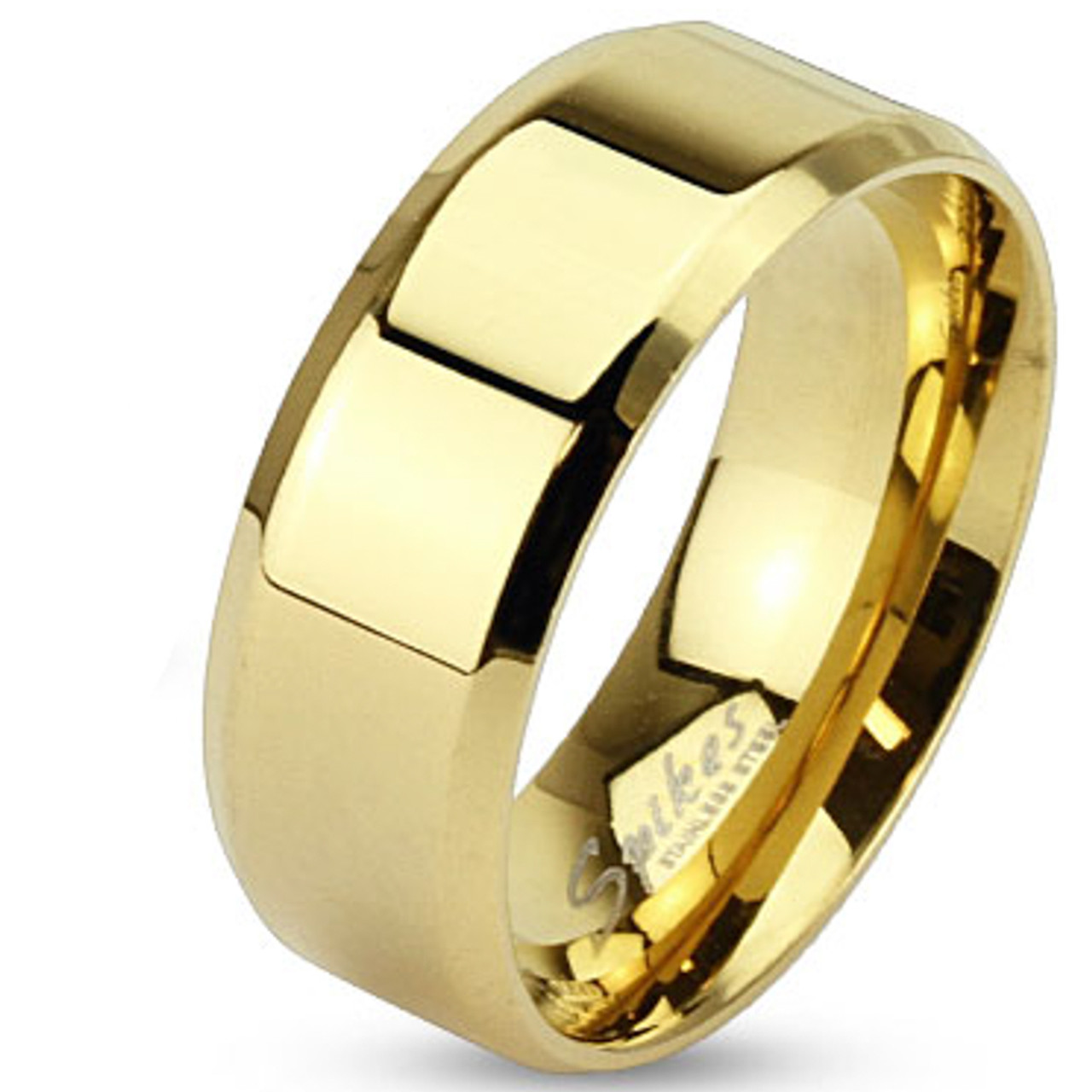 14K Gold Ion Plated Stainless Steel Beveled Edge Wedding Band Ring ...