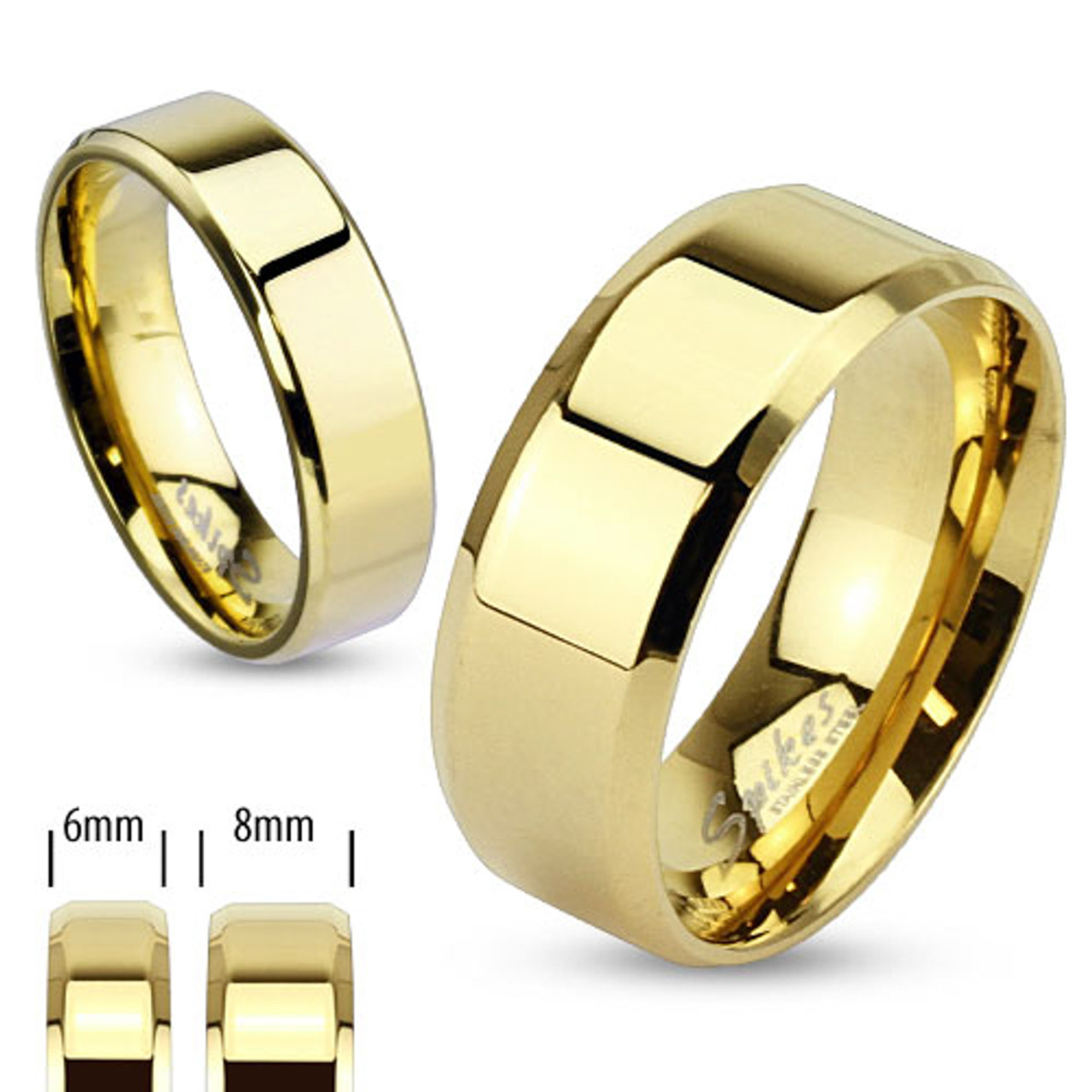 14K Gold Ion Plated Stainless Steel Beveled Edge Wedding Band Ring ...