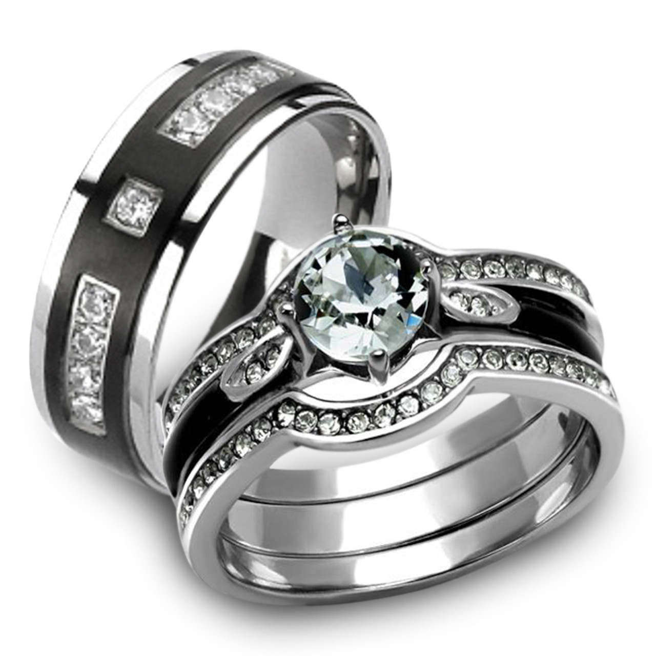 Her & His 4pc Silver & Black Stainless Steel & Titanium Wedding Ring ...