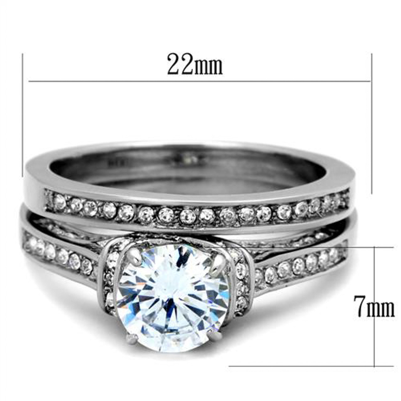 His Hers 3 Pcs Silver Stainless Steel Round Cut CZ Wedding Ring Set Mens Flat Band 8 / 7