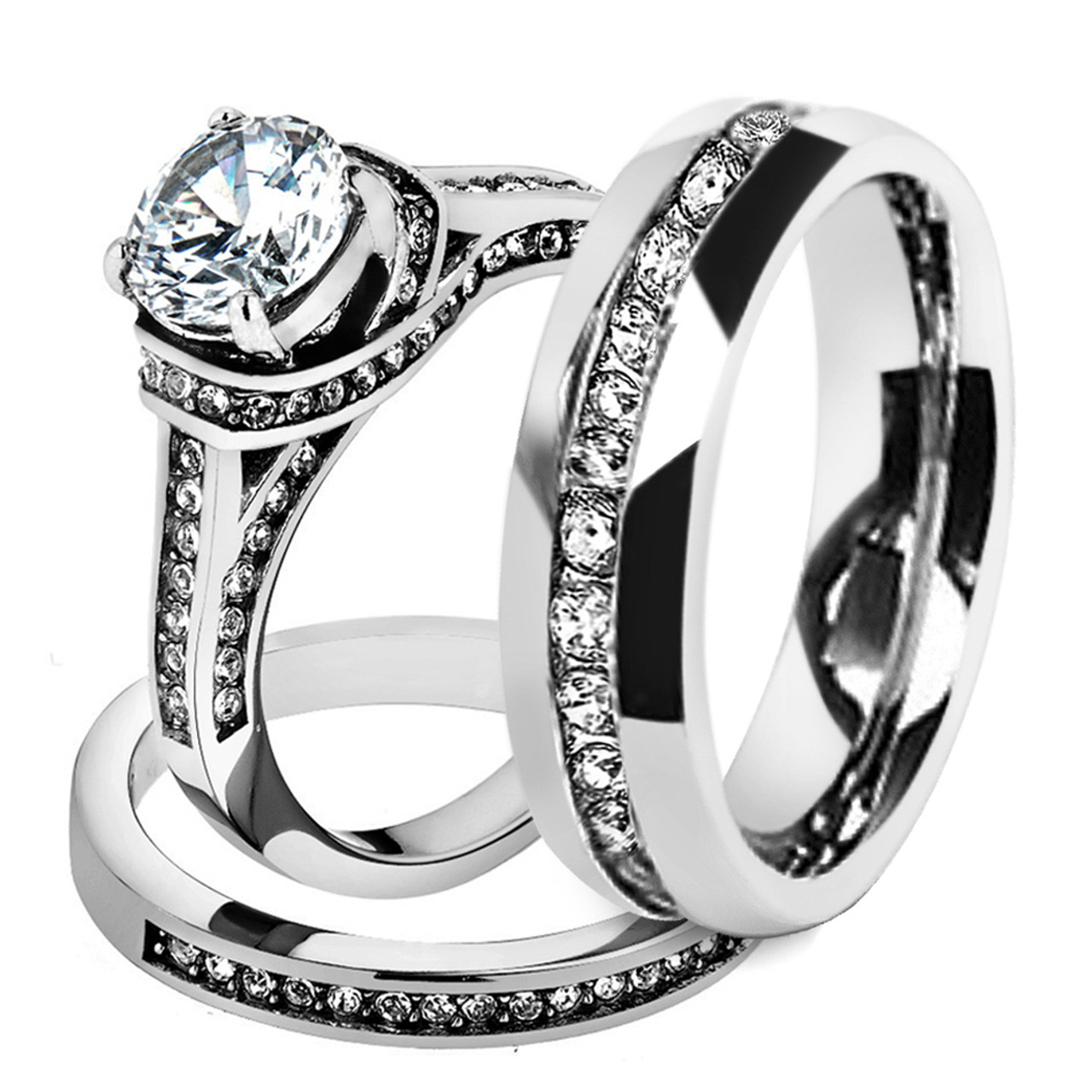 His Hers 3 Pcs Silver Stainless Steel Round Cut CZ Wedding Ring Set Mens Flat Band 8 / 7