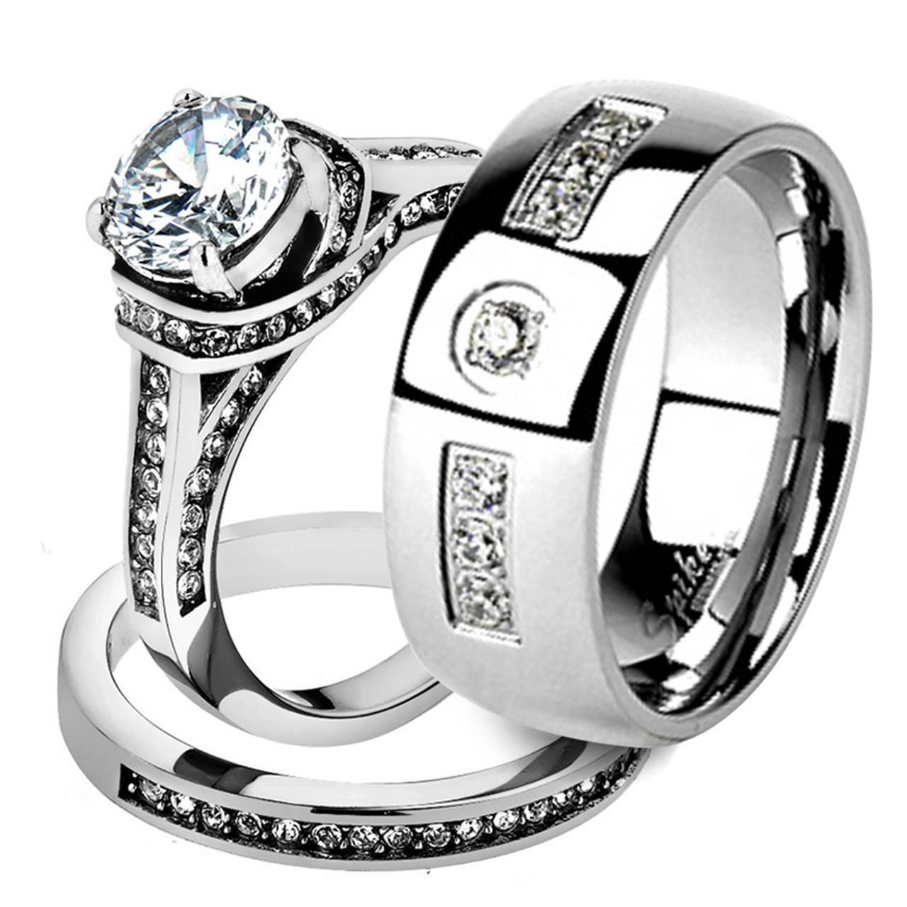 Marimor Jewelry His and Hers Stainless Steel Princess Wedding Ring Set & Beveled Edge Wedding Band