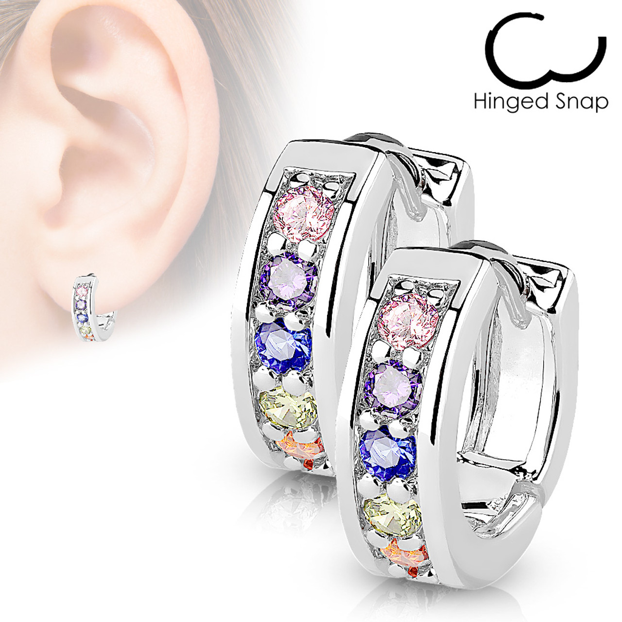 MJ-EB-005 Pair of Channel Set CZ Half Circle Hoop Earrings 316L 