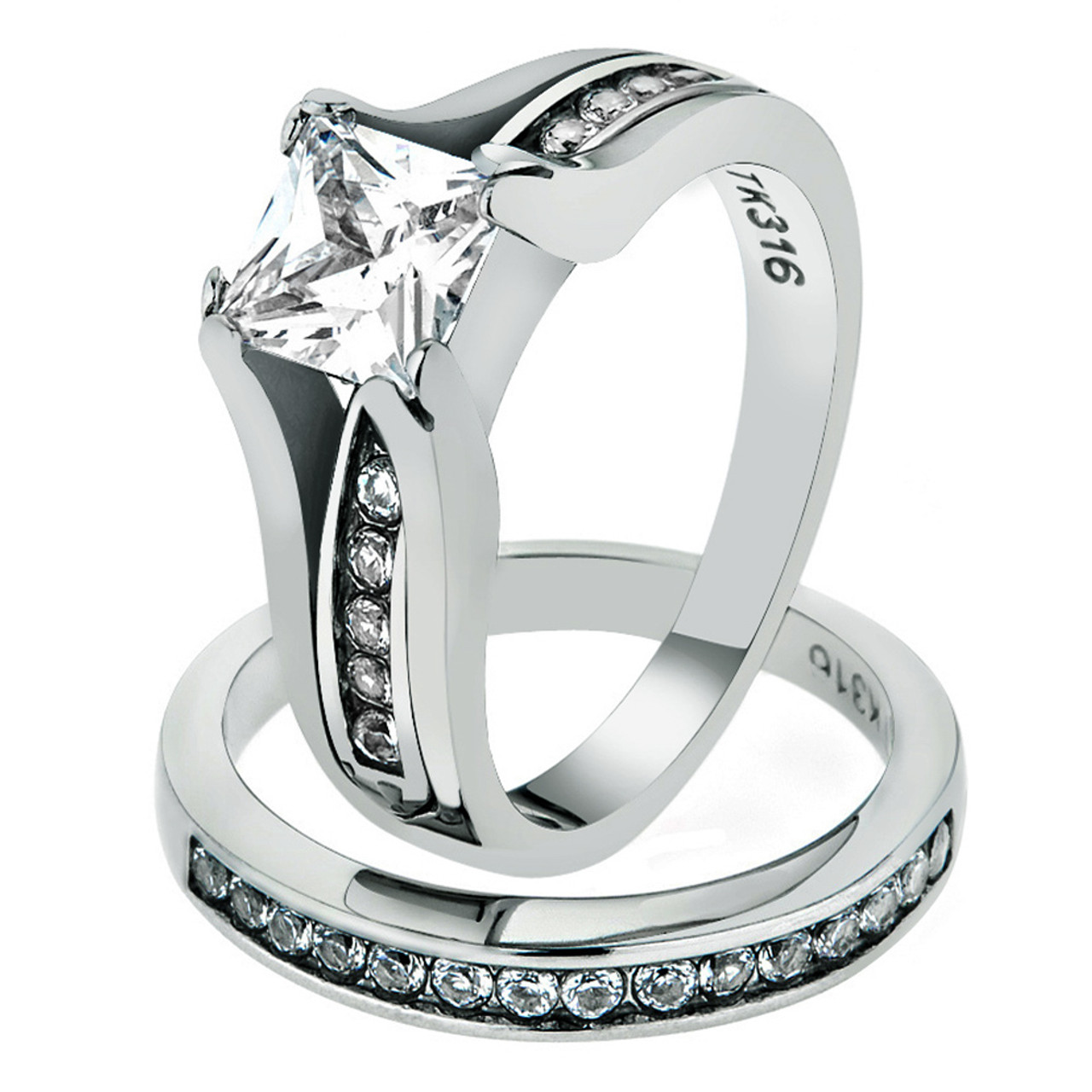 ARTK0W383 Stainless Steel 2.10 Ct Princess Cut CZ Wedding Ring Set ...