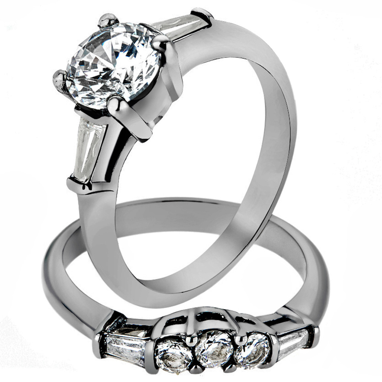 Stunning Emerald Cut AAA CZ Stainless Steel Wedding Engagement Ring Set Sz 5-10 