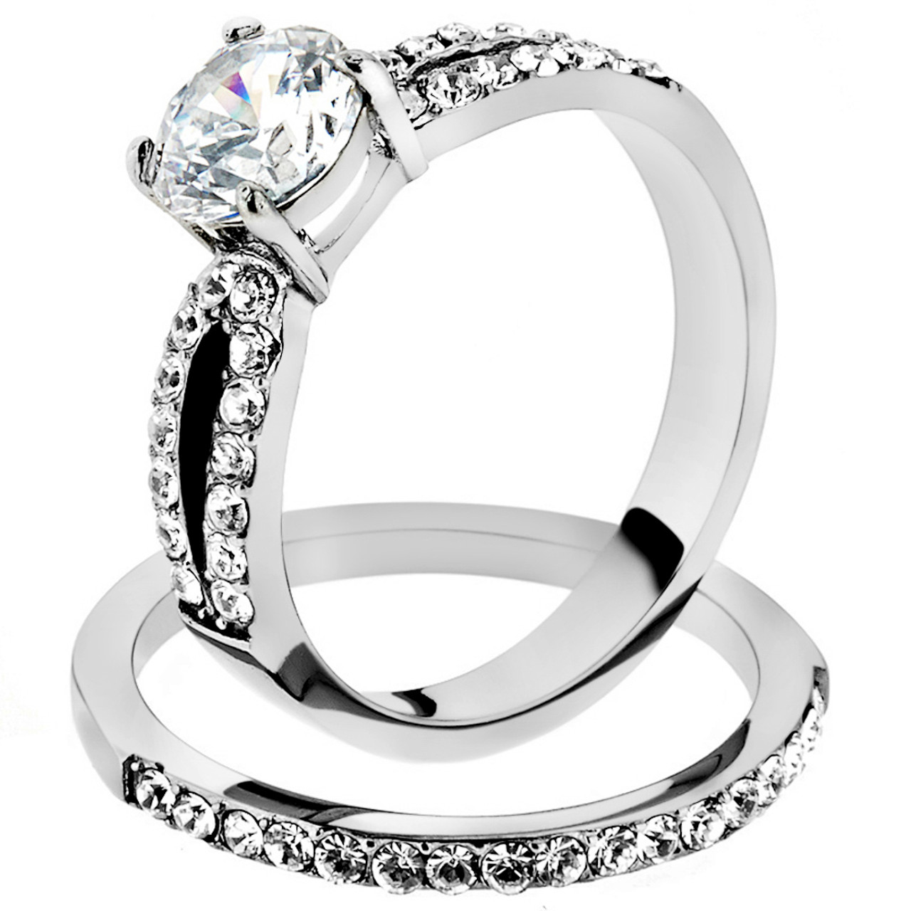 2.35 Ct Round Cut CZ Stainless Steel Wedding Engagement Ring Set Women's Sz 5-10 