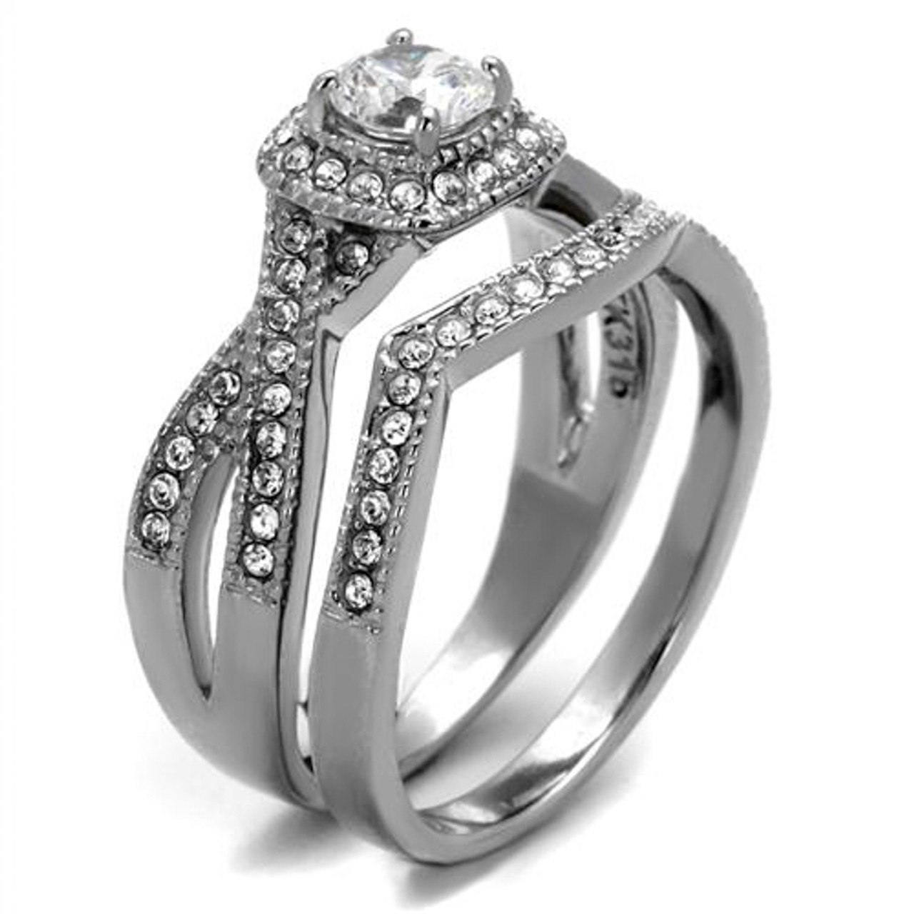 Round Cut .81 Ct Zirconia Stainless Steel Halo Wedding Ring Set Womens ...