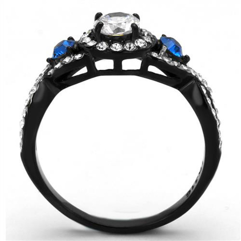 ARTK2286 Stainless Steel 1.26 Ct Clear & Blue Cz Halo Black Engagement Ring Women's 5-10
