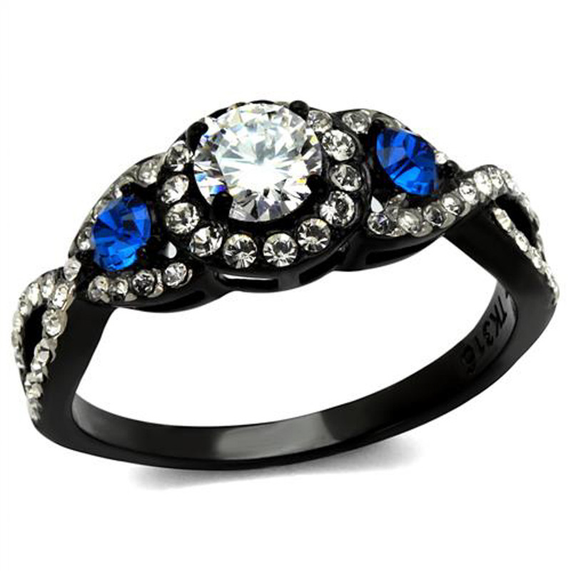 1.26 Ct Clear & Blue Cz Halo Stainless Steel Black Engagement Ring Women's 5-10