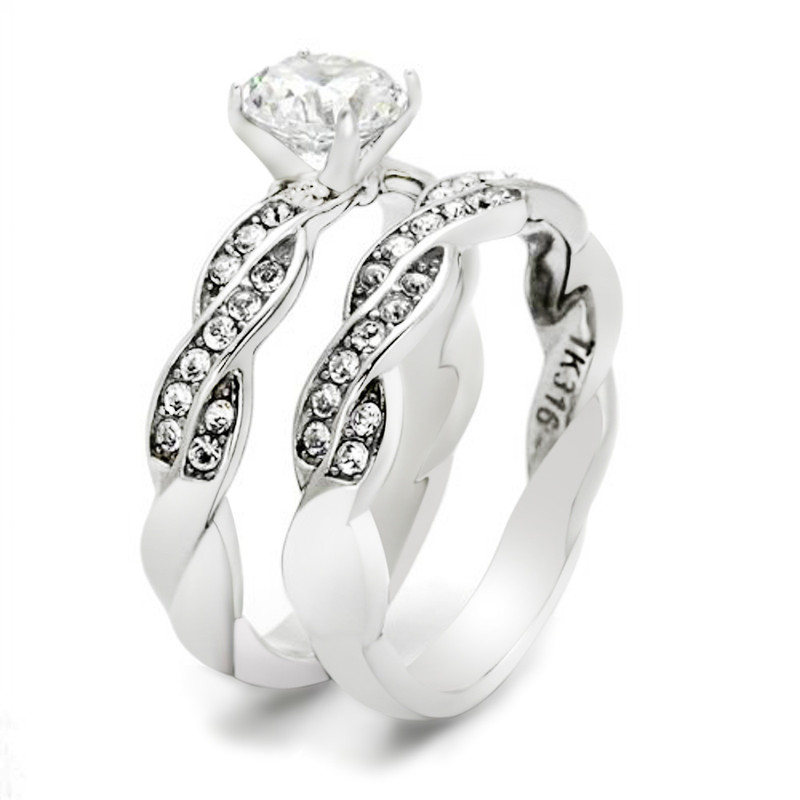 ARTK2475 Stainless Steel 1.78 Ct Round Cut Cz Twisted Wedding Ring Band Set Women's 5-10