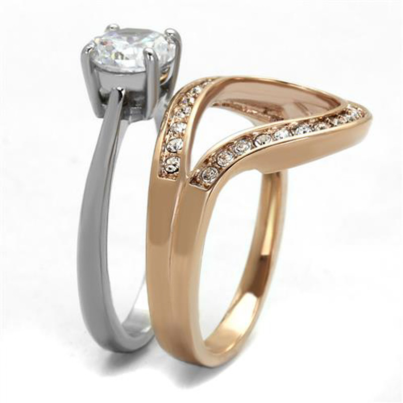 ARTK2479 Stainless Steel 1.6 Ct Cz Rose Gold I.P. 2 Piece Wedding Ring Set Womens Sz 5-10