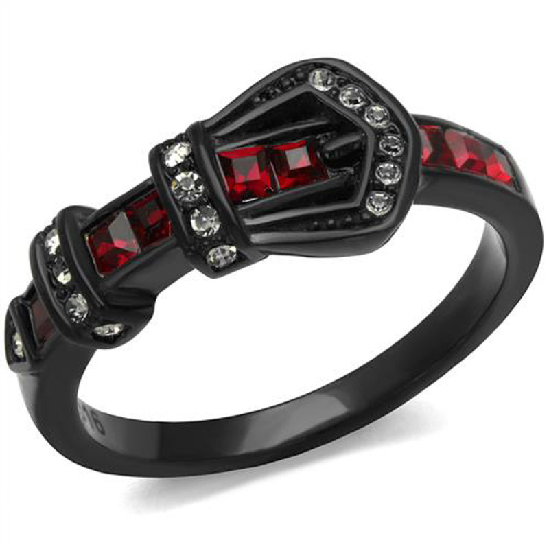 Black Stainless Steel Ruby Red Crystal Belt Buckle Fashion Ring Women's Sz 5-10
