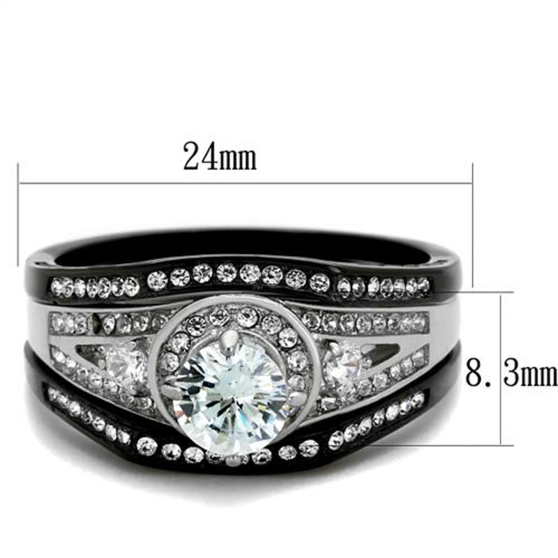 ST2044-ARTI4317 His & Her 4pc Black & Silver Stainless Steel & Titanium Wedding Ring Band Set