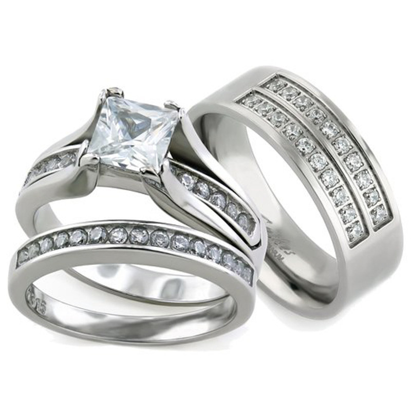 Her & His 3pc Silver Stainless Steel & Titanium Wedding Engagement Ring Band Set