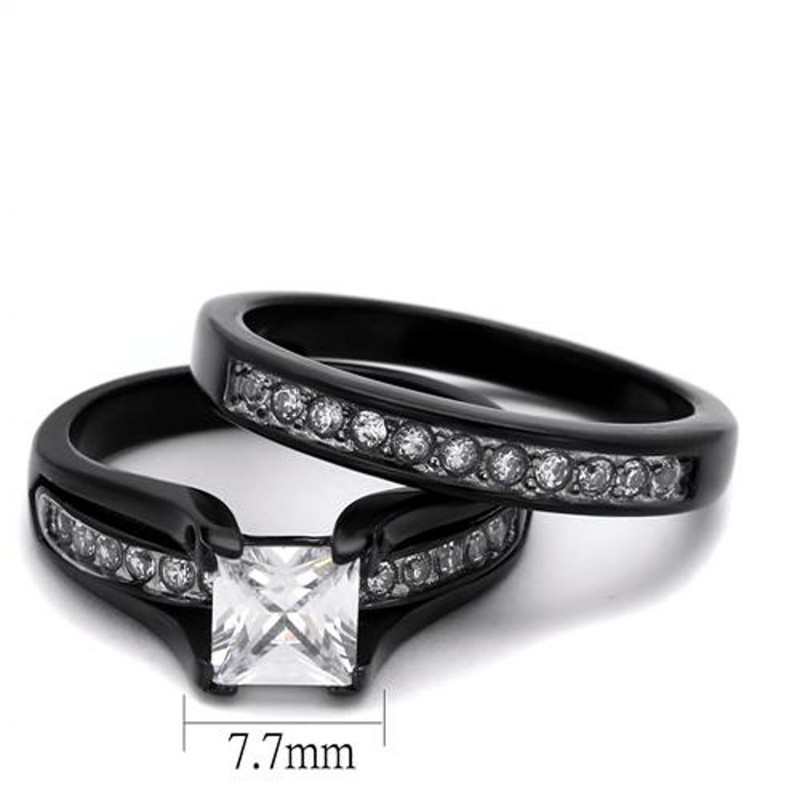 ST0W383J-ARTM32128 His & Her 3 Pc Black Stainless Steel Engagement Wedding Ring Set & Titanium Band