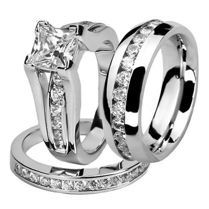 ST0W383-ARH1570 Stainless Steel Hers and His Princess Wedding Ring Set and Etern