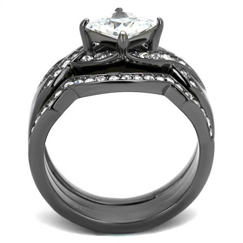 ARTK2741 Women's 2.2 Ct Princess Cut CZ Light Black Stainless Steel Wedding Ring Set