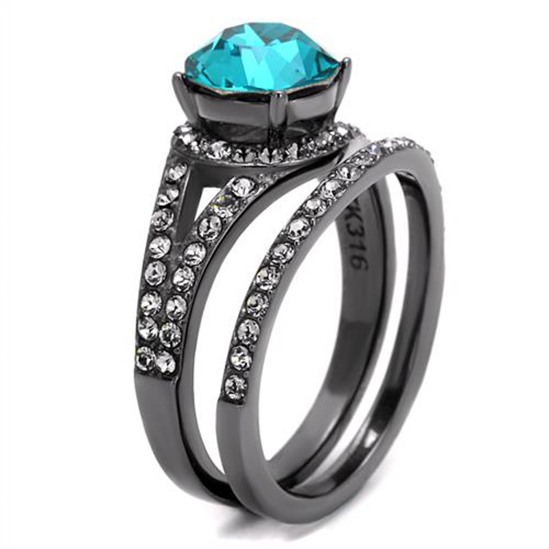 ARTK2744 Womens 2.39 Ct Blue Zircon Crystal Gray Stainless Steel Wedding Ring Set Sz 5-10
