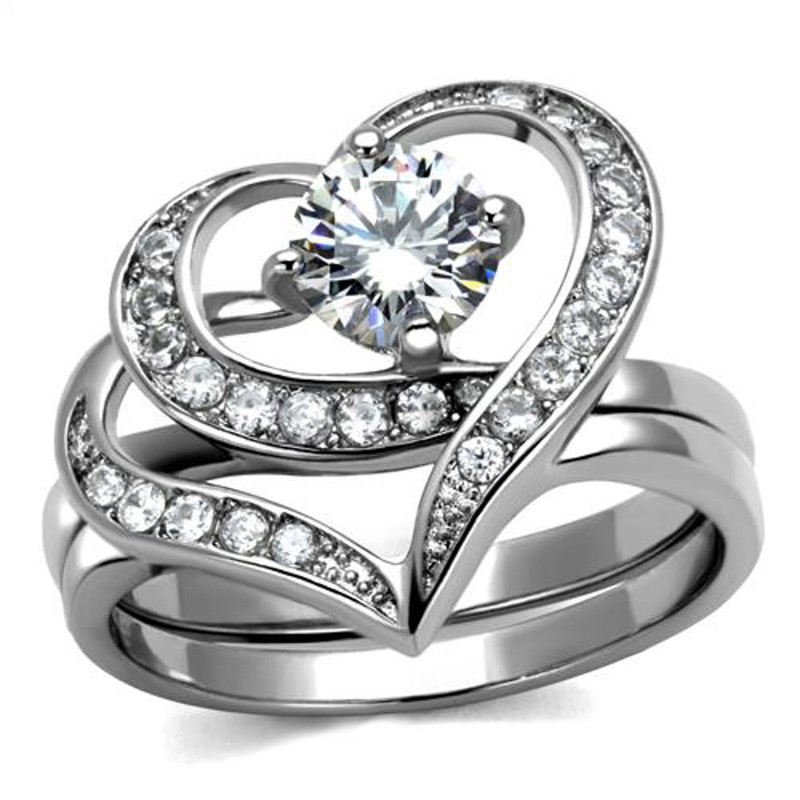 Women's 1.2 Ct Round Cut Cz 2 Piece Heart Shape Stainless Steel Wedding Ring Set
