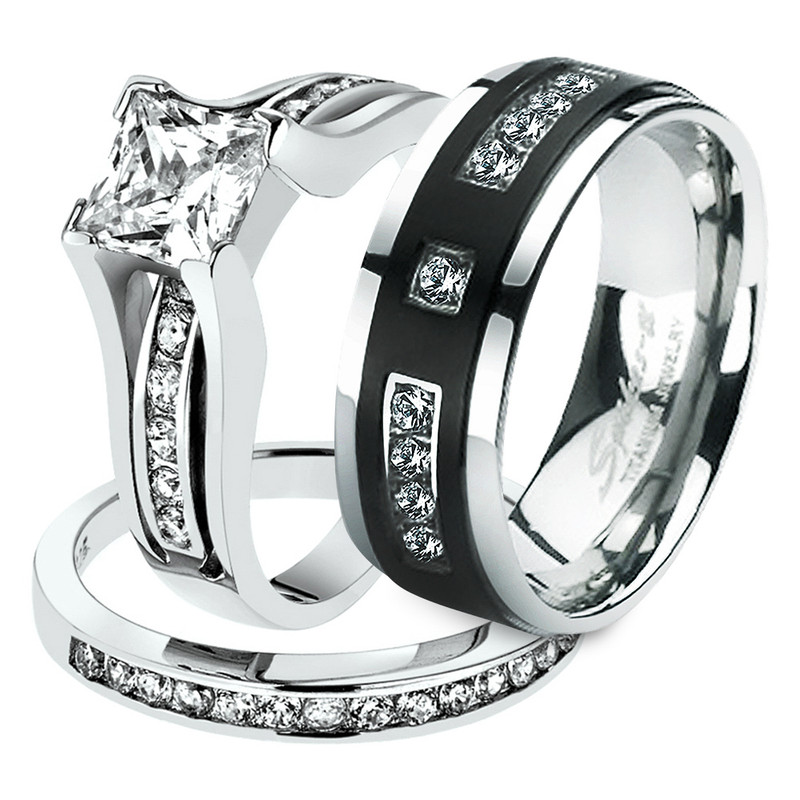 Hers His .925 Sterling Silver Princess Wedding Ring & Titanium Wedding Band Set
