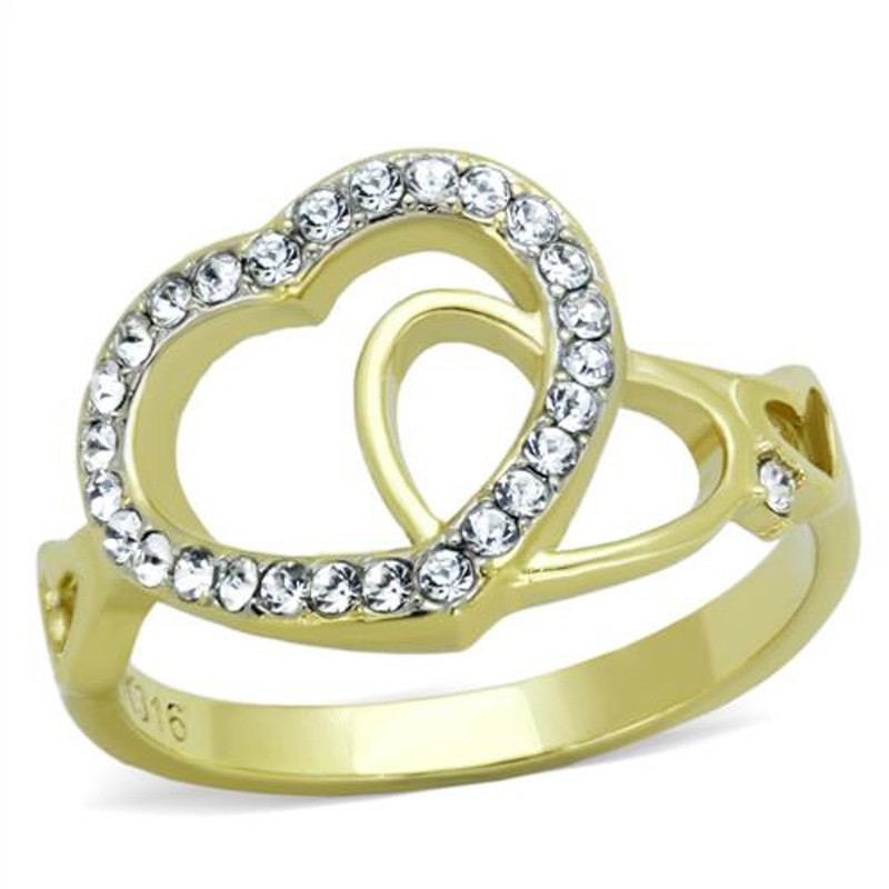 ARTK1908 Women's 14k Gold Ion Plated Stainless Steel Heart & Crystal Fashion Ring Sz 5-10
