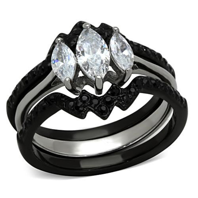 ST1347-ARTI4317 His & Her 4pc Black & Silver Stainless Steel & Titanium Wedding