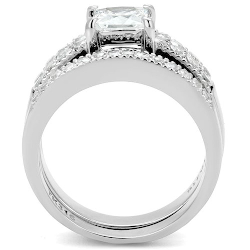 ARTK2915 Women's 2.07 Ct Princess Cut Zirconia Stainless Steel Wedding Ring Set Size 5-10