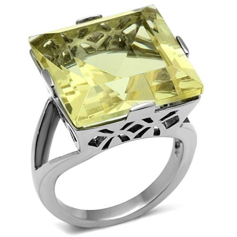 32.44Ct Princess Cut Citrine Yellow Cubic Zirconia Stainless Steel Cocktail Ring
