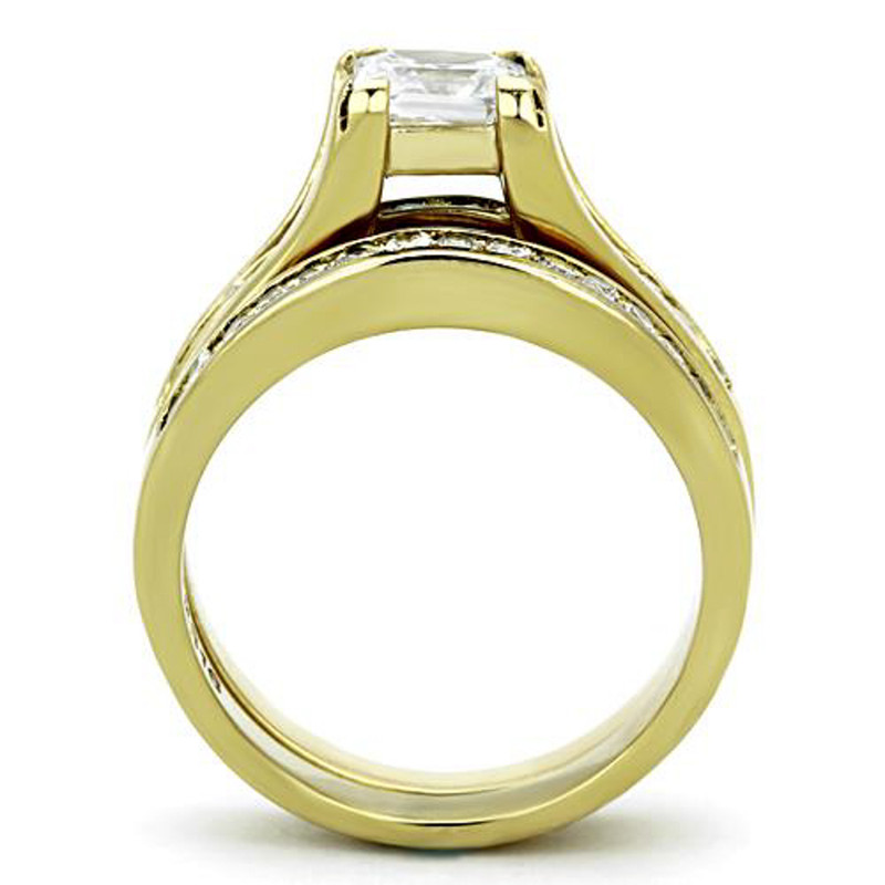 ST0W384-ARH1659 His & Her 14K G.P. Stainless Steel 3pc Wedding Engagement Ring & Men's Band Set