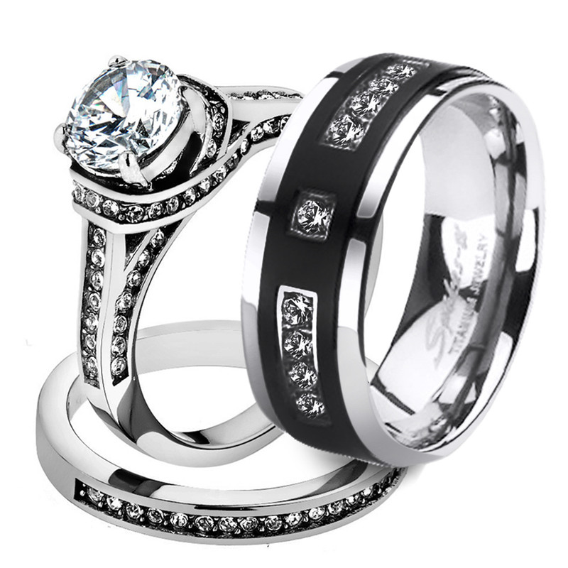 Her His 3pc Stainless Steel Wedding Engagement Ring & Titanium Wedding Band Set