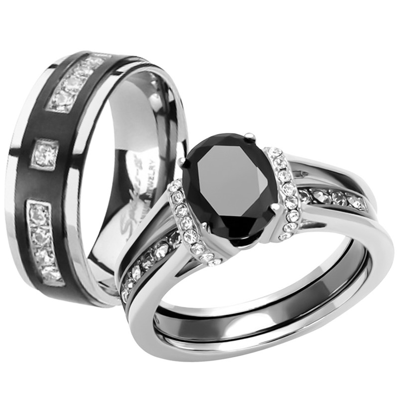 Her & His Black Cz Stainless Steel Wedding Engagement Ring & Titanium Band Set