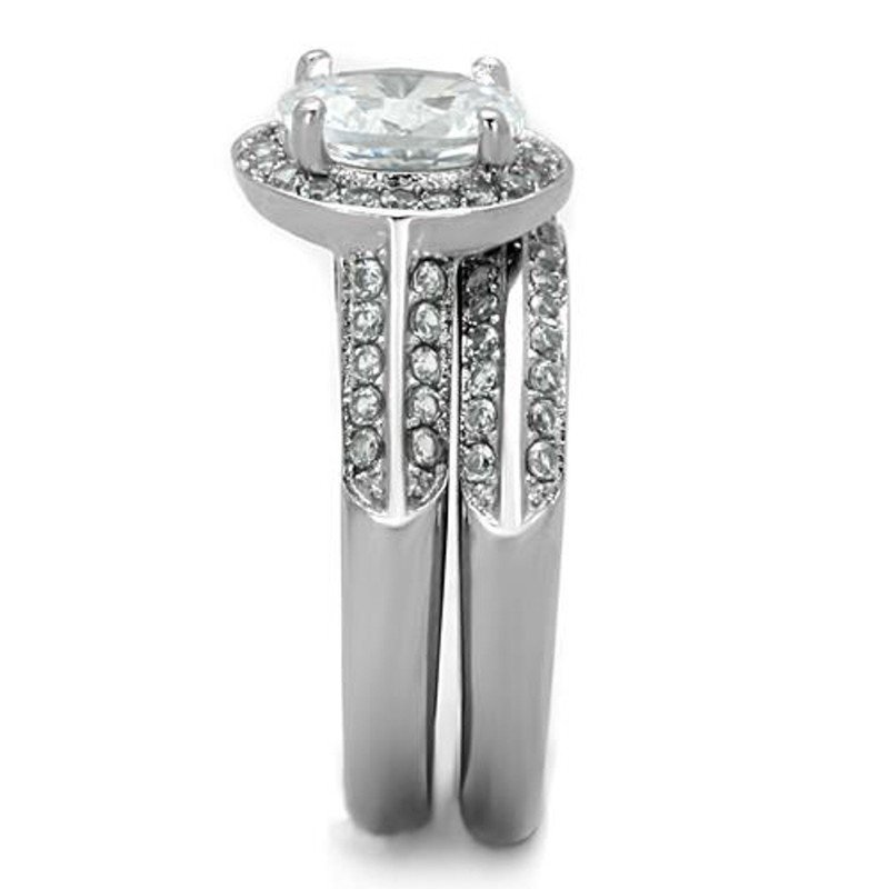 ST1W163-ARM0006 His & Her 3pc Stainless Steel 2.60 Ct Cz Bridal Ring Set & Men Beveled Edge Band