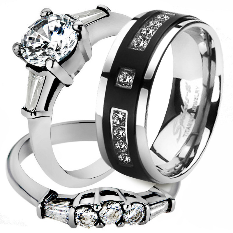 His & Her 3pc Stainless Steel Bridal Engagement Ring Set & Titanium Wedding Band