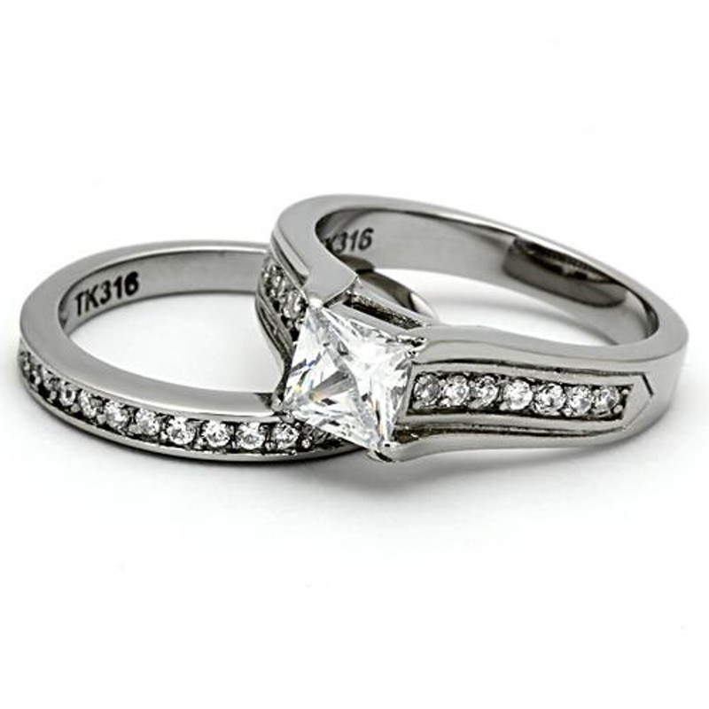 ST969-ARTI4317 His & Her Stainless Steel 2.10 Ct Cz Bridal Set & Men's Titanium Wedding Band